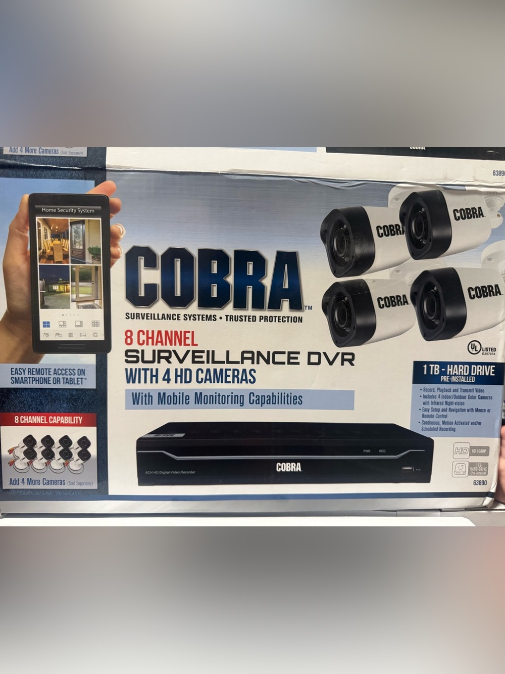 Home security Cobra system -8 channel DVR
4 HD cameras & 1 TB storage